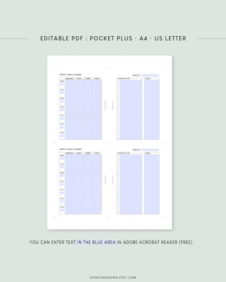 Pocket XL Meal Planner Printable Inserts Undated Weekly Etsy Canada