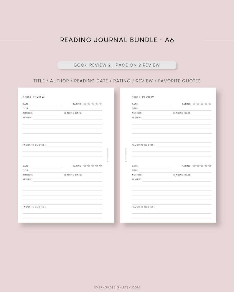 A6 Reading Journal Bundle Printable Inserts Minimalist Book Planner ...