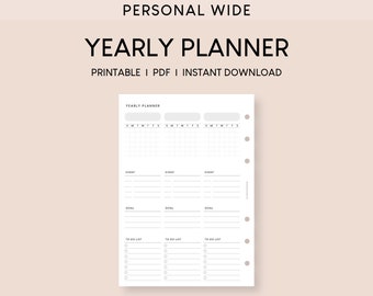 Personal Wide Yearly Planner Inserts: Minimalist Undated Printable (PDF)