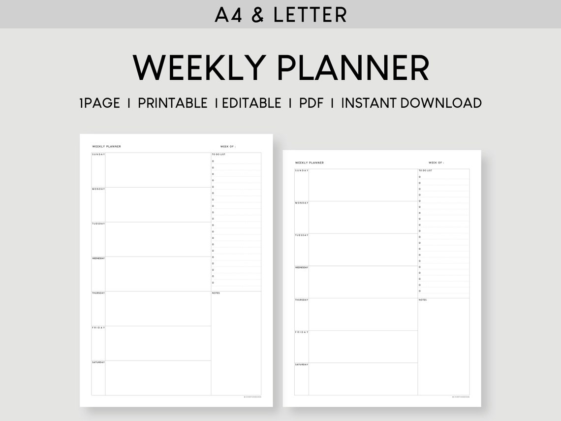 Undated Weekly Planner 1 Page A4 Letter Printable | Editable Week at a ...