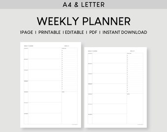 Undated Weekly Planner 1 Page A4 Letter Printable | Editable Week at a glance Template | Basic Weekly Schedule Planner | Minimal Planner