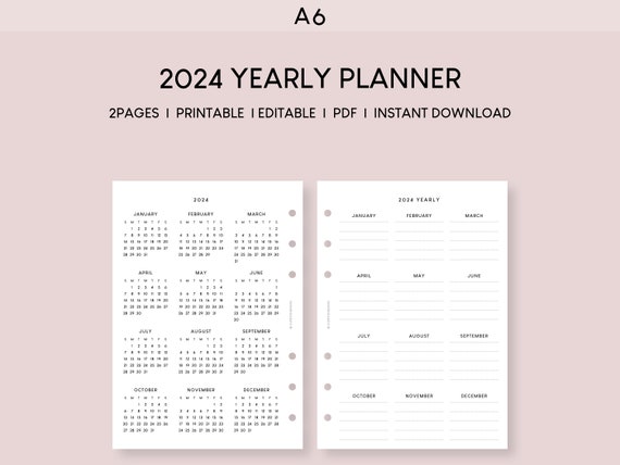 2024 Calendar Yearly Planner A6 Printable Insert Minimalist Future Log Editable 12 Month Goal, Motivation Setting Yearly Overview - Etsy