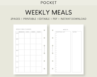 May include: A printable weekly meal planner with sections for breakfast, lunch, dinner, and snacks. It also includes a shopping list and notes section. The planner is designed for a pocket-sized planner.