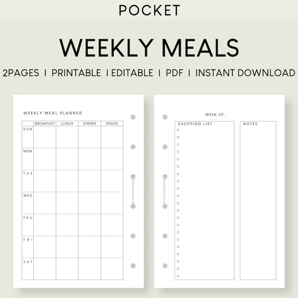Pocket Weekly Meal Planner Printable Inserts | Undated Week Menu Schedule Editable | 52 diet plan Worksheet | Eating Prep Tracker Template
