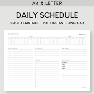 May include: A black and white printable daily schedule planner with sections for today's schedule, top priorities, habit tracker, to-do list, today's meals, and notes. The planner includes a time-tracking section with hours from 6:00 AM to 9:00 PM.
