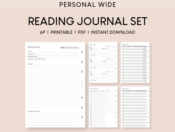 Reading Journal Printable Bundle Personal Wide Book Lovers Planner Inserts  6types Template Reading Review, Log, Tracker, Book Wishlist 
