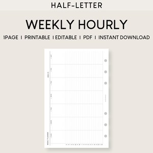 以下が含まれることがあります： 半レターサイズの印刷可能な週間プランナーで、時間枠は1時間ごとです。プランナーはディスクバインディングシステムで使用するために設計されており、シンプルでクリーンなデザインです。
