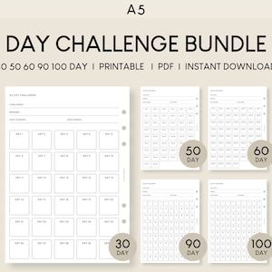 Könnte beinhalten: Ein druckbares Bundle mit 30, 50, 60, 90 und 100 Tage-Challenge-Trackern. Jeder Tracker ist ein schwarz-weißes druckbares PDF mit einem einfachen Design und nummerierten Quadraten für jeden Tag. Die Tracker sind perfekt, um den Fortschritt bei jedem Ziel zu verfolgen.