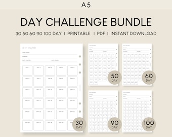 May include: A printable bundle of 30, 50, 60, 90, and 100 day challenge trackers. Each tracker is a black and white printable PDF with a simple design and numbered squares for each day. The trackers are perfect for tracking progress on any goal.