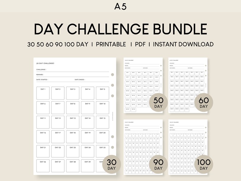 30 Day Challenge Printable Bundle 100 Day Tracker Template 50 Day ...