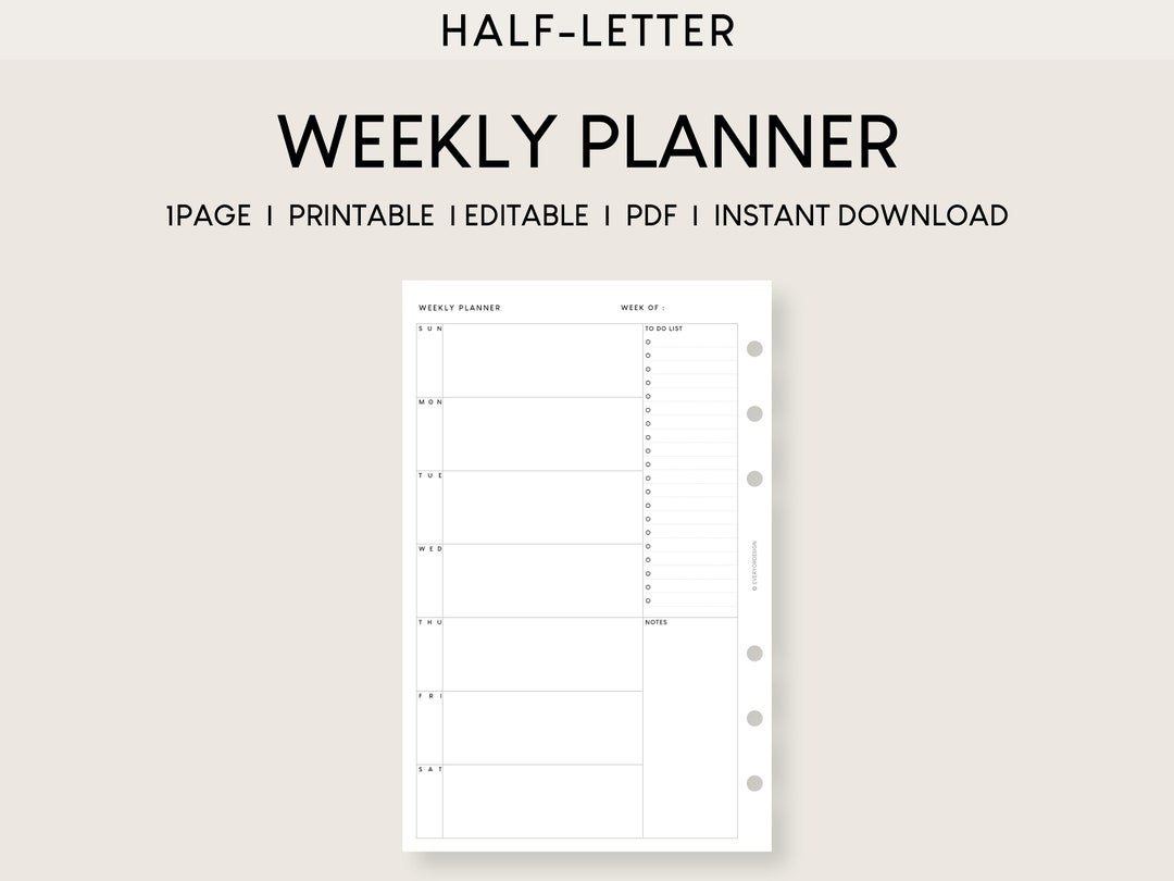 Undated Weekly Planner Half Letter Insert | Printable Week on 1 Page ...