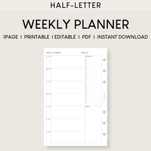 Undated Weekly Planner Half Letter Insert | Printable Week on 1 Page Template | Editable Week at a glance | Minimalist To Do List Fillable