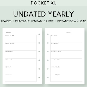 日付なしの年間プランナー ポケット XL 印刷可能挿入物 | ミニマリスト目標計画編集可能テンプレート | シンプルな未来ログ | 2 ページで 1 年