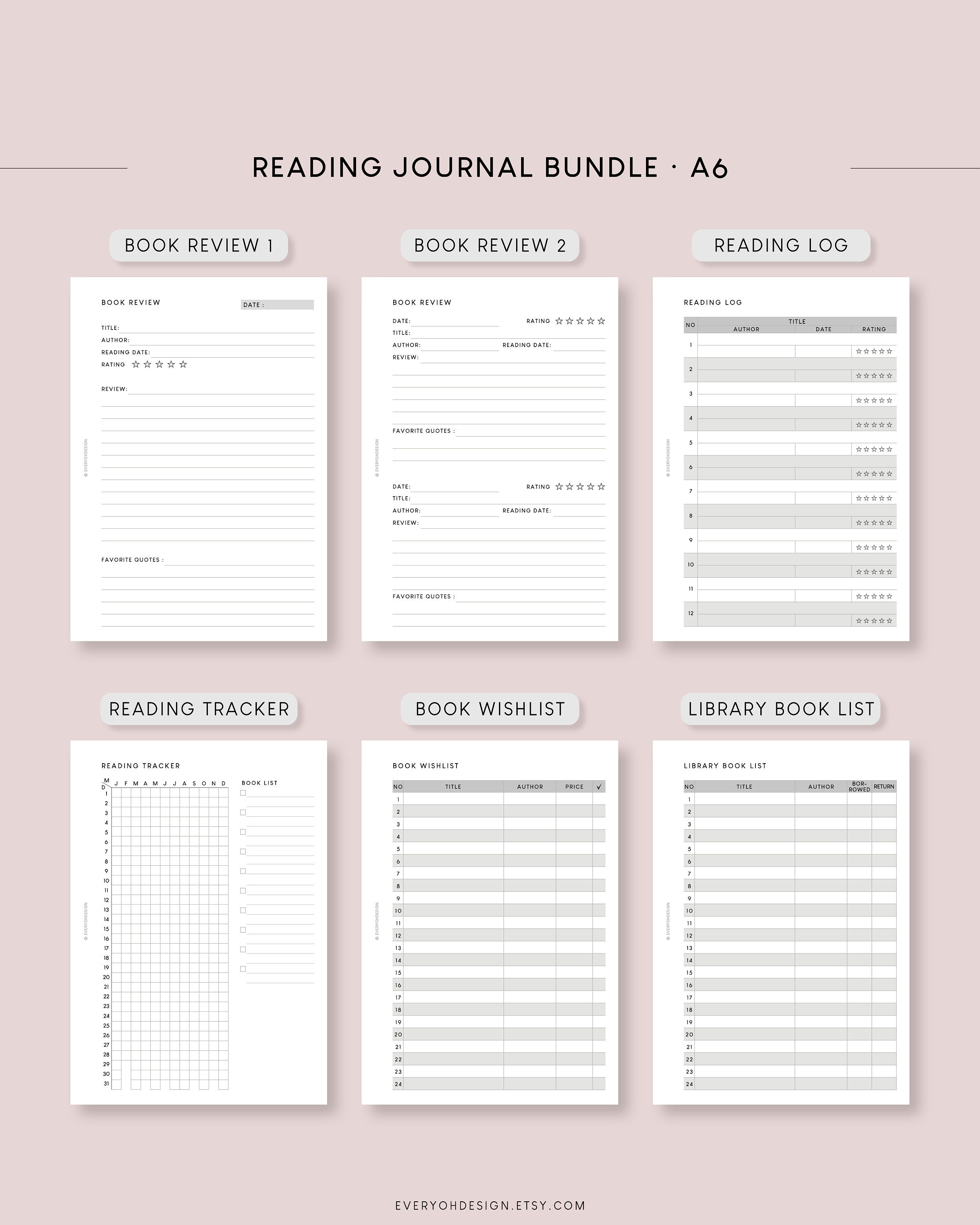 A6 Reading Journal Bundle Printable Inserts Minimalist Book Planner ...