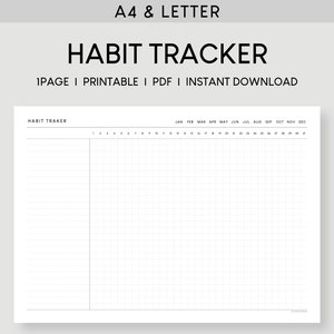 Peut inclure: Un tableau de suivi des habitudes imprimable avec une grille pour chaque jour de l'année. Le tableau est divisé en deux sections, l'une pour la liste des habitudes et l'autre pour le suivi des progrès. Les mois de l'année sont listés en haut de la grille.