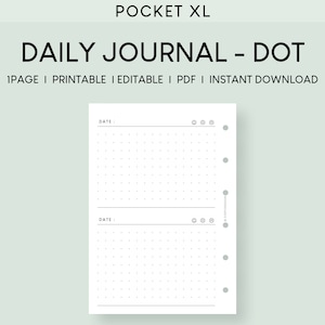 Könnte beinhalten: Eine druckbare, bearbeitbare Tagesjournal-Seite mit einem gepunkteten Rasterlayout. Die Seite ist für die Verwendung in einem Taschenplaner oder -journal konzipiert. Sie enthält zwei Abschnitte zum Schreiben, jeweils mit einem Platz für das Datum und einem Abschnitt zur Stimmungsüberwachung. Die Seite hat sechs Löcher zum Binden.