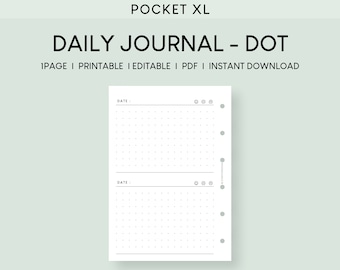 Puede incluir: Una página de diario diario imprimible y editable con un diseño de cuadrícula punteada. La página está diseñada para usar en una agenda o diario de bolsillo. Incluye dos secciones para escribir, cada una con un espacio para la fecha y una sección para el seguimiento del estado de ánimo. La página tiene seis agujeros para encuadernar.