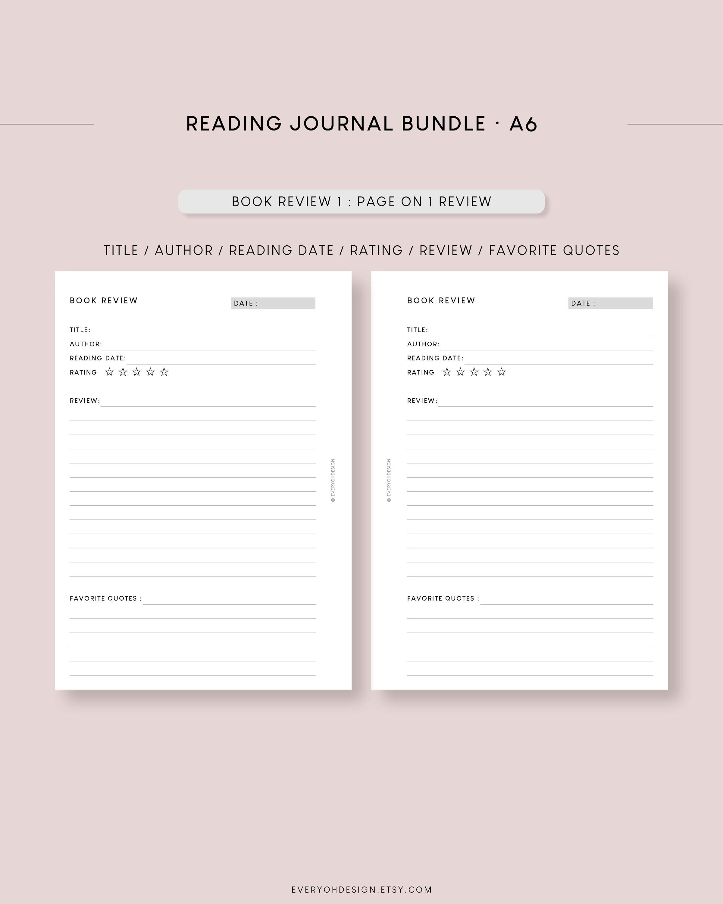 A6 Reading Journal Bundle Printable Inserts Minimalist Book Planner ...