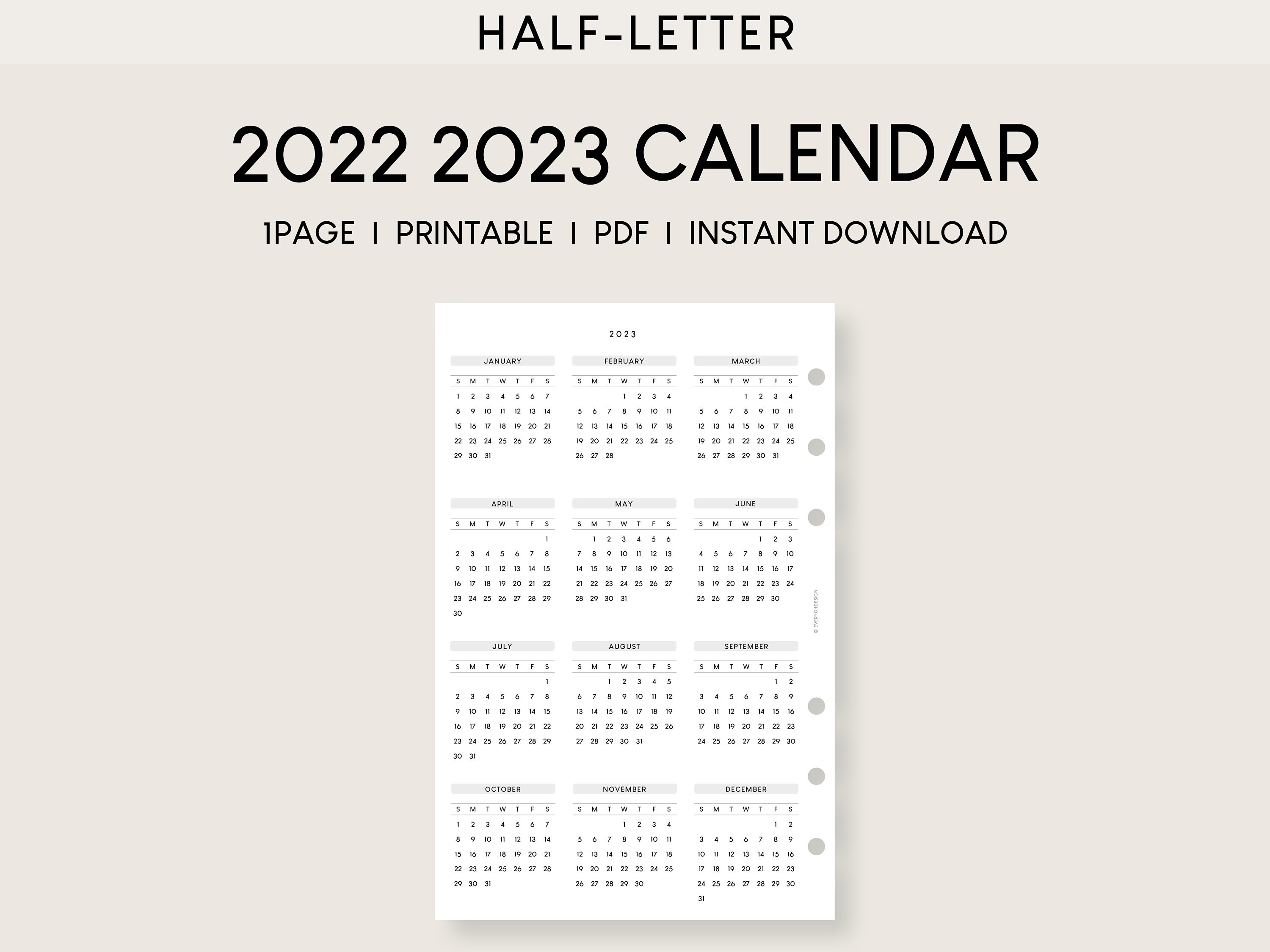 2022 2023 Calendar Half-letter Printable Template Dated - Etsy