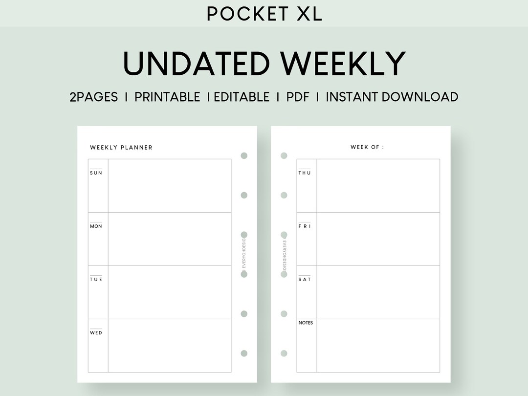 Printable Undated Weekly Planner Pocket XL: Minimalist Template (PDF ...