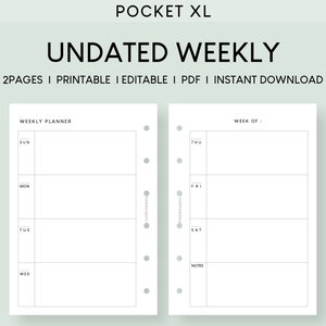 Printable Undated Weekly Planner Pocket XL | Weekly Pocket Plus Fillable | Simple Planner Week on Two Pages | Editable Minimalist Template