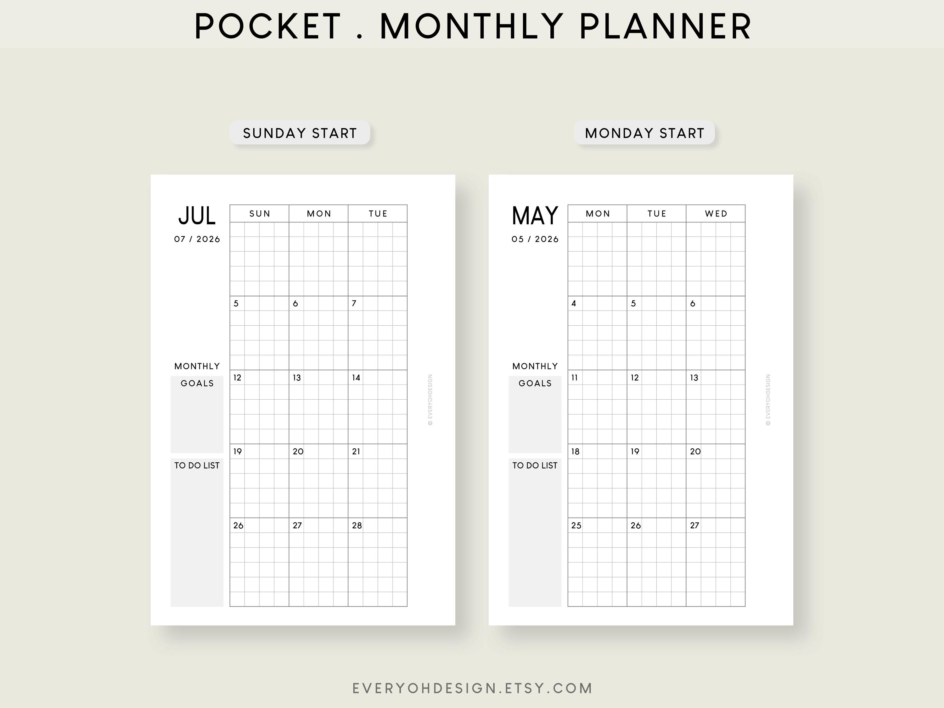 2026 Pocket Monthly Calendar Printable Inserts: Grid Notes (PDF) - Etsy