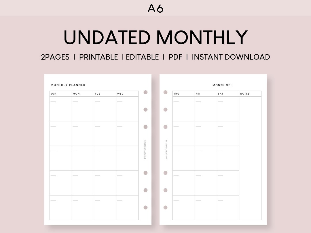 A6 Undated Monthly Planner: Minimal Printable Template (PDF) - Etsy