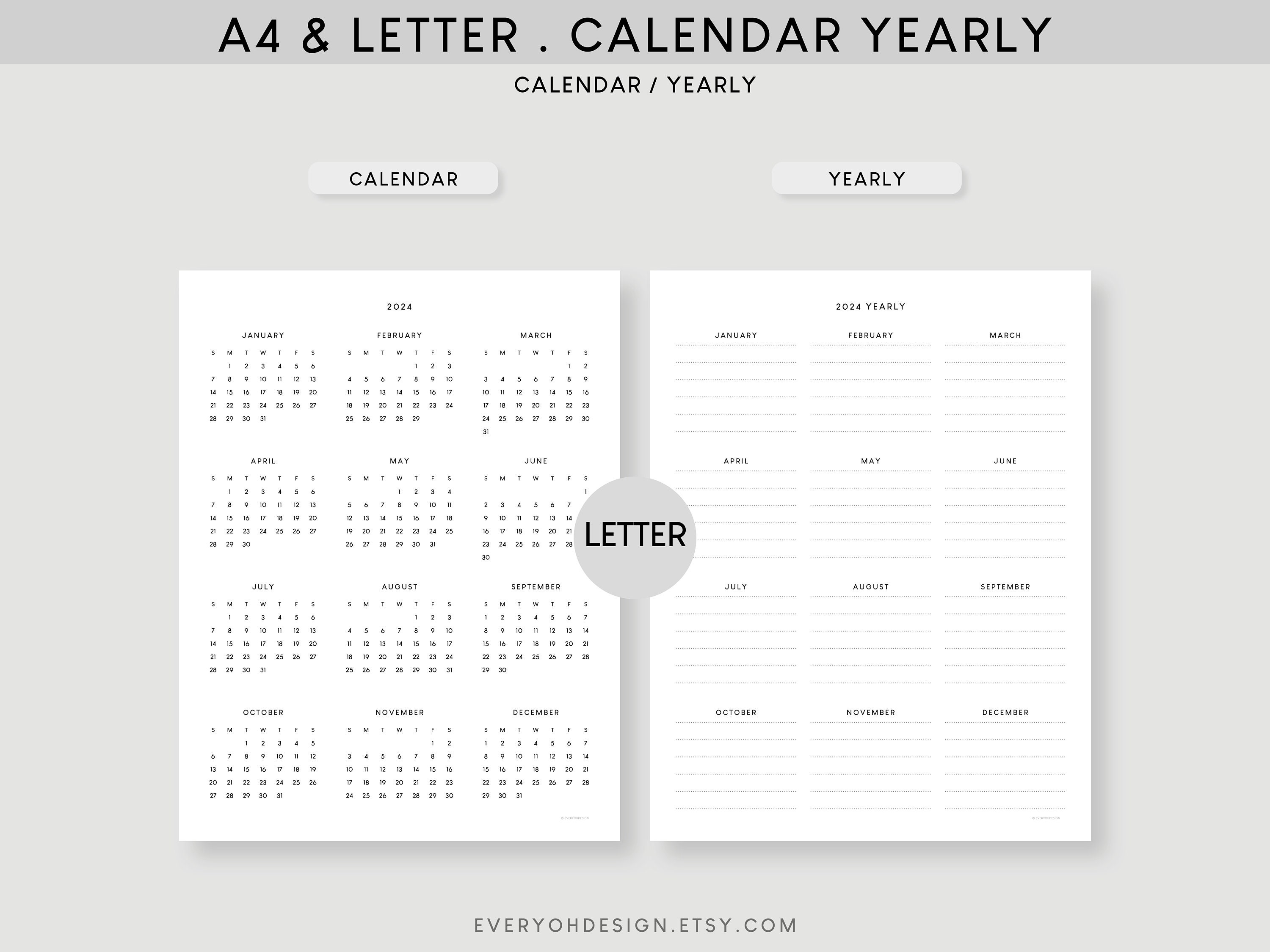 2024 Calendar Yearly Planner A4 & Letter Printable Yearly - Etsy