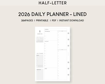 2026 Daily Planner Half-Letter Printable Inserts: Hourly Schedule (PDF)
