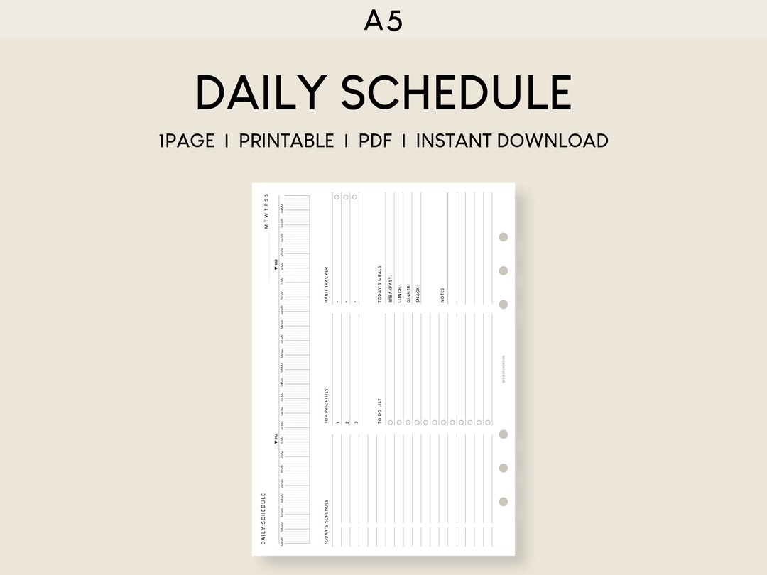 Daily Schedule Planner A5 Printable Insert | 24 Hour Timetable Daily ...
