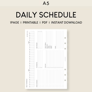 May include: A black and white printable daily schedule planner in A5 size. The planner includes sections for "Today's Schedule", "Top Priorities", "Habit Tracker", "Today's Meals", and "To Do List".