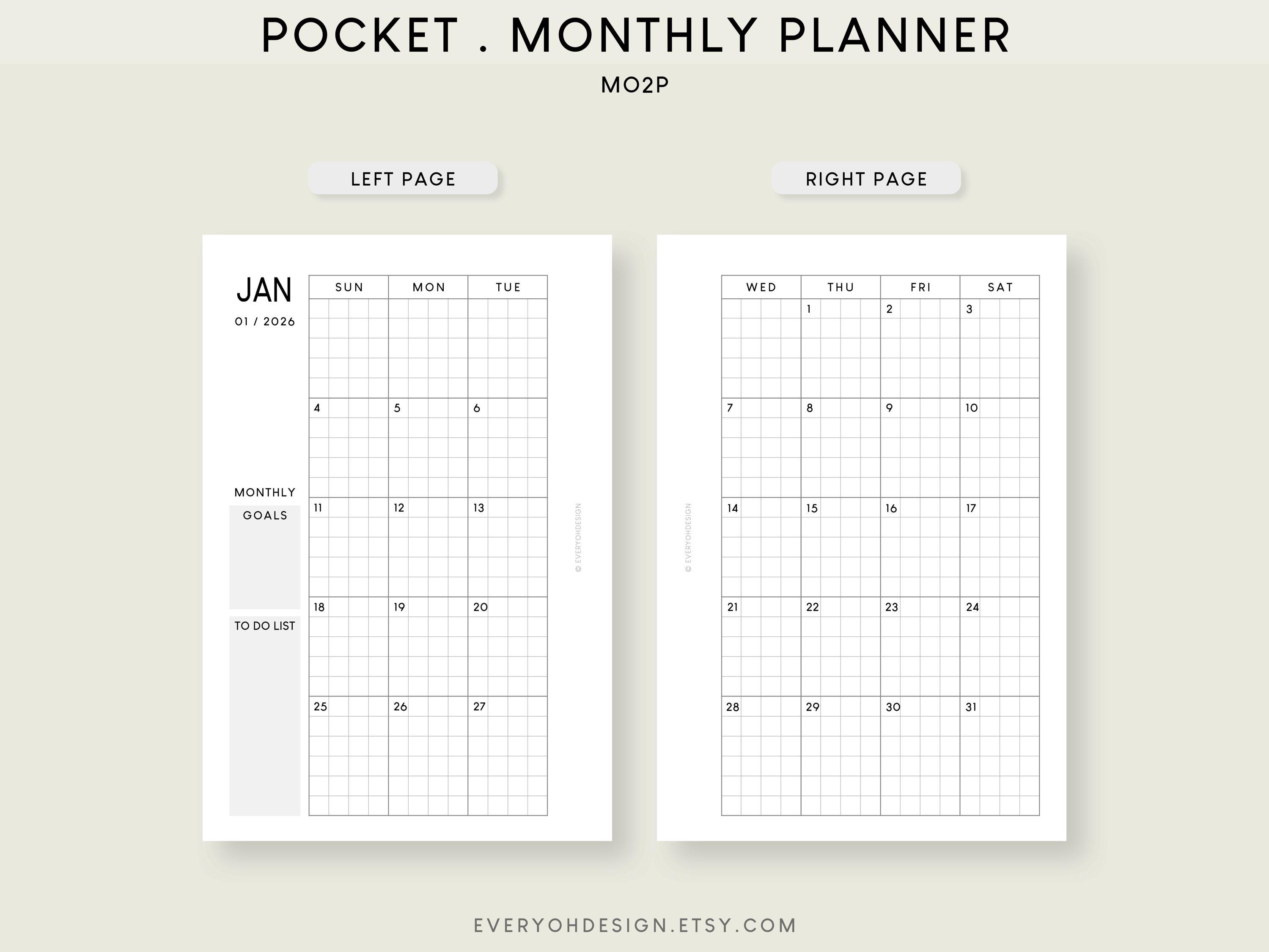 2026 Pocket Monthly Calendar Printable Inserts: Grid Notes (PDF) - Etsy