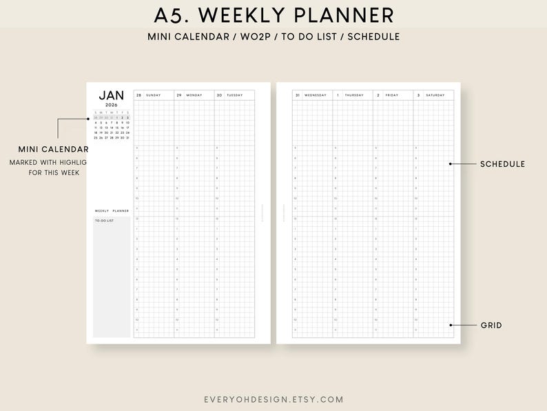 2026 Weekly Planner Printable Inserts: A5 Hourly Schedule (PDF) - Etsy