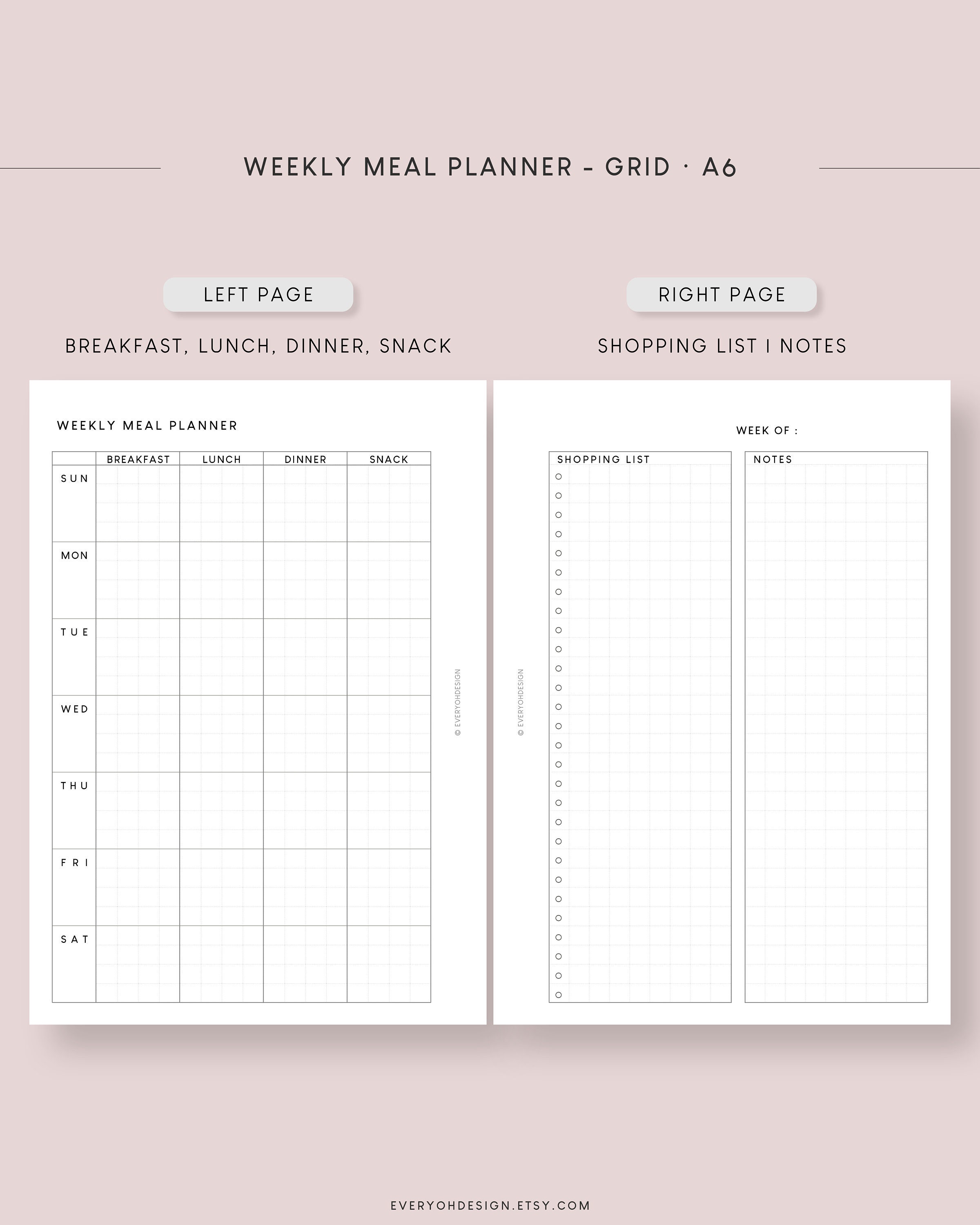 A6 Meal Weekly Planner Grid Printable Inserts Edit Menu - Etsy