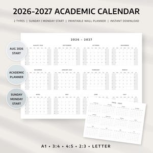 Utskrivbar akademisk kalender 2026–2027 | Årsöversikt augusti–juli | Stor landskapsplanerare | Start söndag och måndag