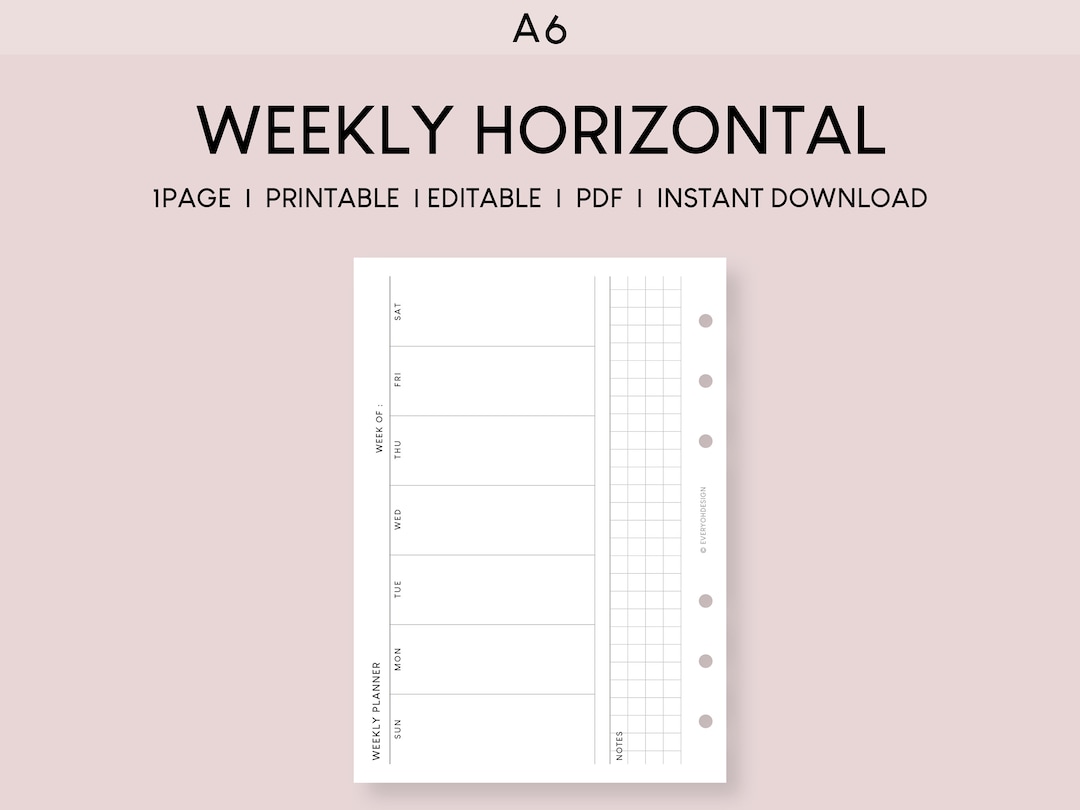 Weekly Planner Horizontal A6 Printable Inserts | Undated Week at A ...