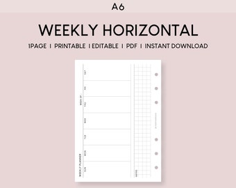May include: A printable A6 weekly planner with a horizontal layout. The planner has a section for notes and a grid for each day of the week. The text "WEEKLY PLANNER" is printed on the left side of the page.