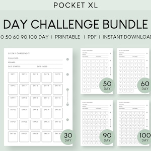 May include: A printable bundle of 30, 50, 60, 90, and 100 day challenge trackers. Each tracker has a space to write the challenge, reward, start date, and end date. The trackers are designed for a pocket-sized planner.