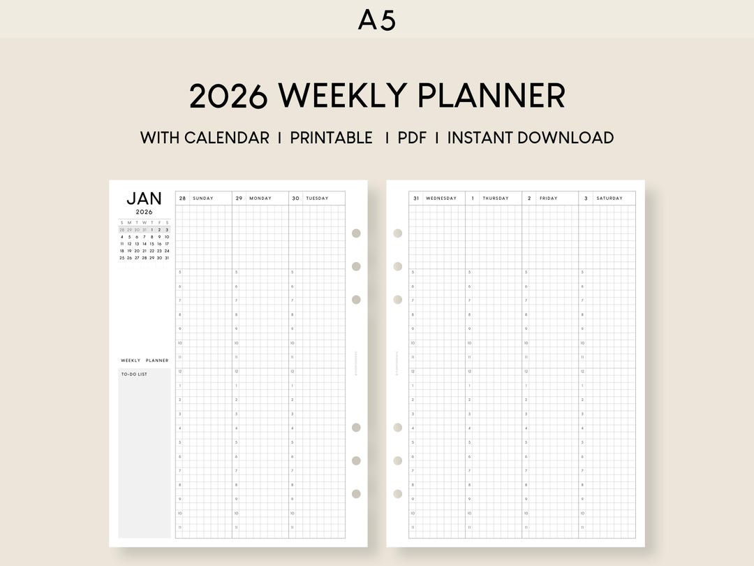 2026 Weekly Planner Printable Inserts: A5 Hourly Schedule (PDF) - Etsy