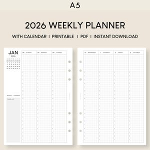 2026 Weekly Planner Printable Inserts: A5 Hourly Schedule (PDF)