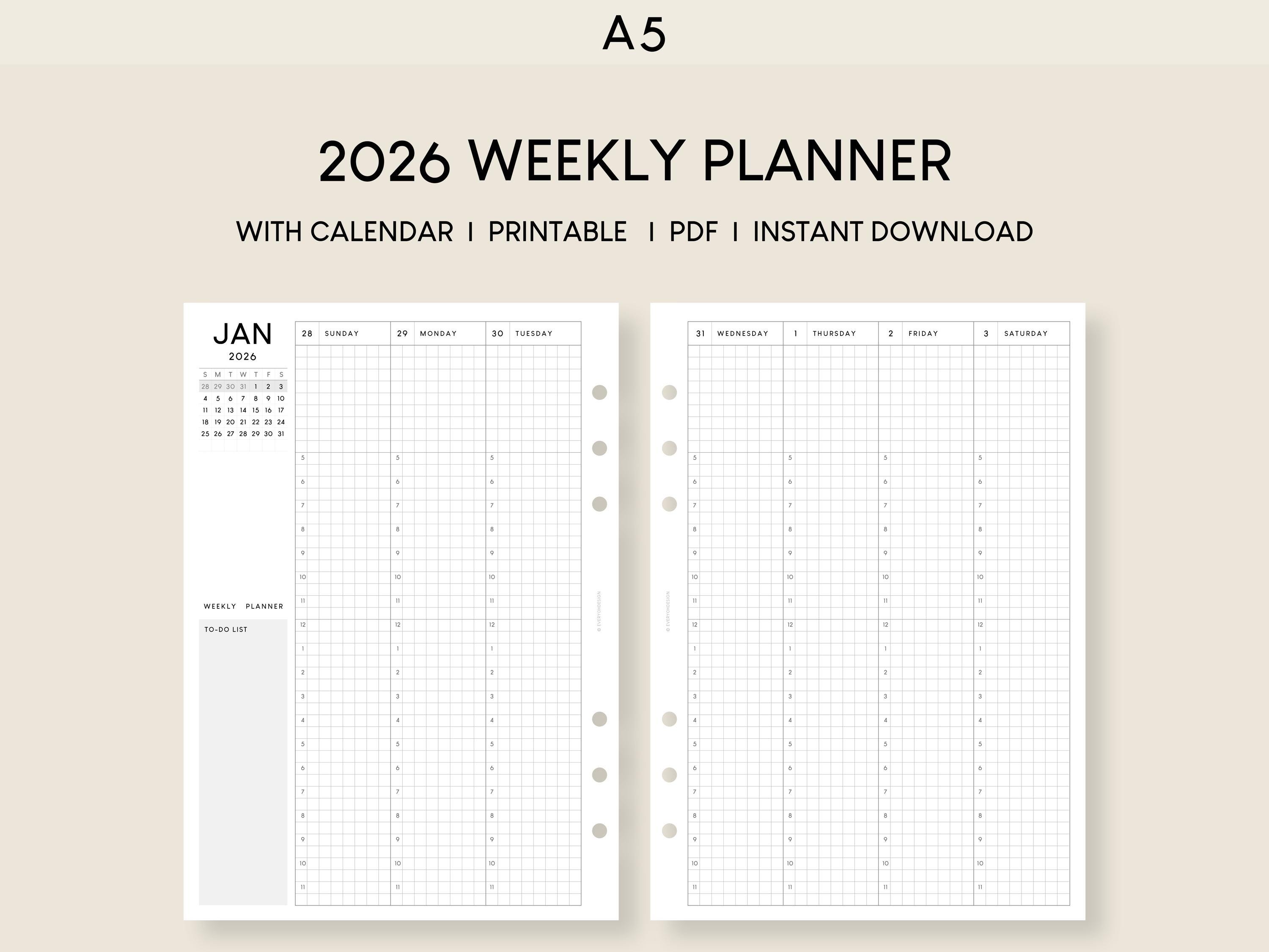 2026 Weekly Planner Printable Inserts: A5 Hourly Schedule (PDF) - Etsy