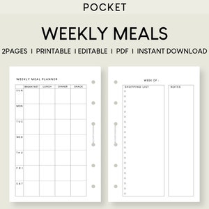 Könnte beinhalten: Ein druckbarer wöchentlicher Speiseplan mit Abschnitten für Frühstück, Mittagessen, Abendessen und Snacks. Er enthält auch eine Einkaufsliste und einen Notizbereich. Der Planer ist für einen Taschenplaner konzipiert.
