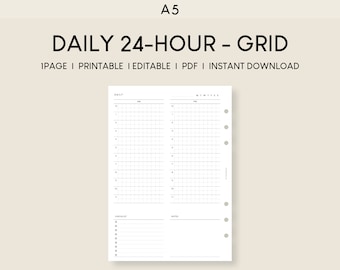 May include: A printable A5 daily planner with a 24-hour grid layout. The planner has two columns for daily tasks and a section for notes and checklists.