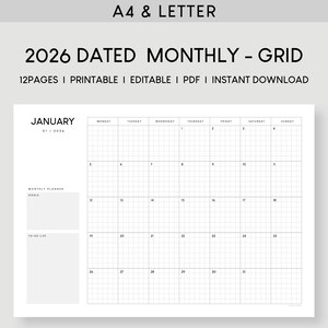 Calendrier mensuel 2026 imprimable : agenda modifiable aux formats A4 et lettre (PDF)
