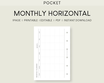 Pocket Undated Monthly Planner Insert: Horizontal Minimalist Design (Printable/Editable PDF)