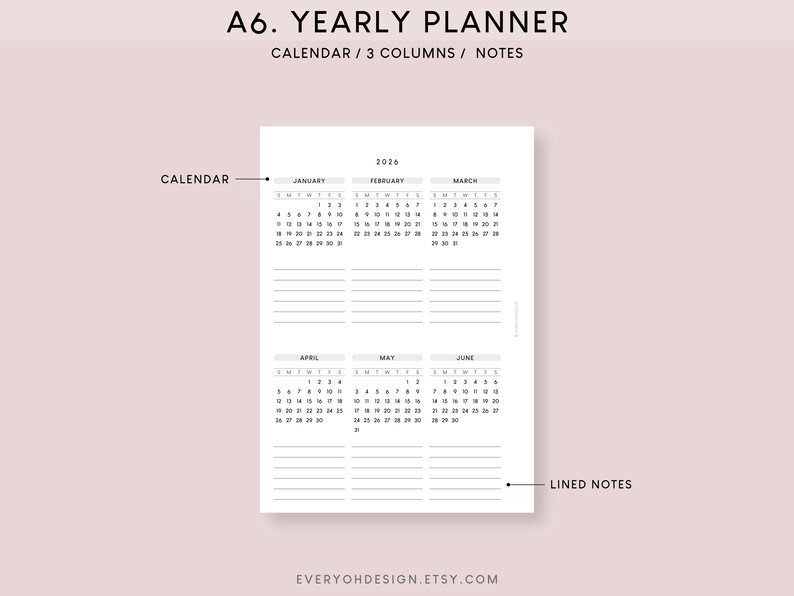 2026 Yearly Calendar A6 Printable Inserts: Minimalist Planner (PDF ...