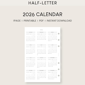Calendario 2026 tamaño media carta para imprimir: Inserto minimalista para agenda (PDF)