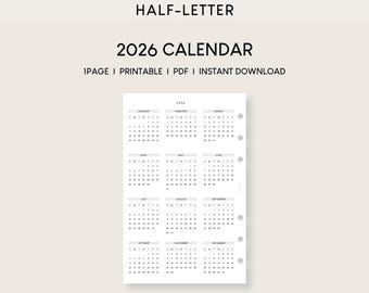 2026 Calendar Half-Letter Printable: Minimalist Planner Insert (PDF)