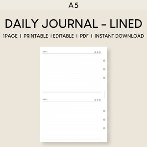 May include: A printable A5 daily journal with lined pages. The journal has a simple design with a date section at the top of each page and a dotted section on the right side for notes or bullet points.