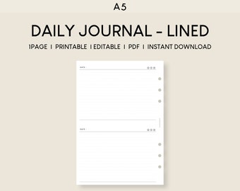 May include: A printable A5 daily journal with lined pages. The journal has a simple design with a date section at the top of each page and a dotted section on the right side for notes or bullet points.